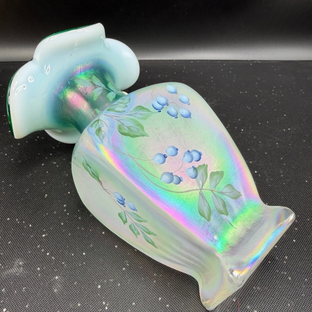 Fenton‎ New Century XXI Green Opalescent Iridescent Hand Painted Blueberry Vase